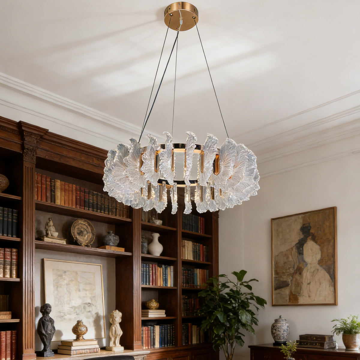 Murano Style Leaf Textured Glass Chandelier, Modern Luxury 3-Color Dimmable Pendant Light with Adjustable