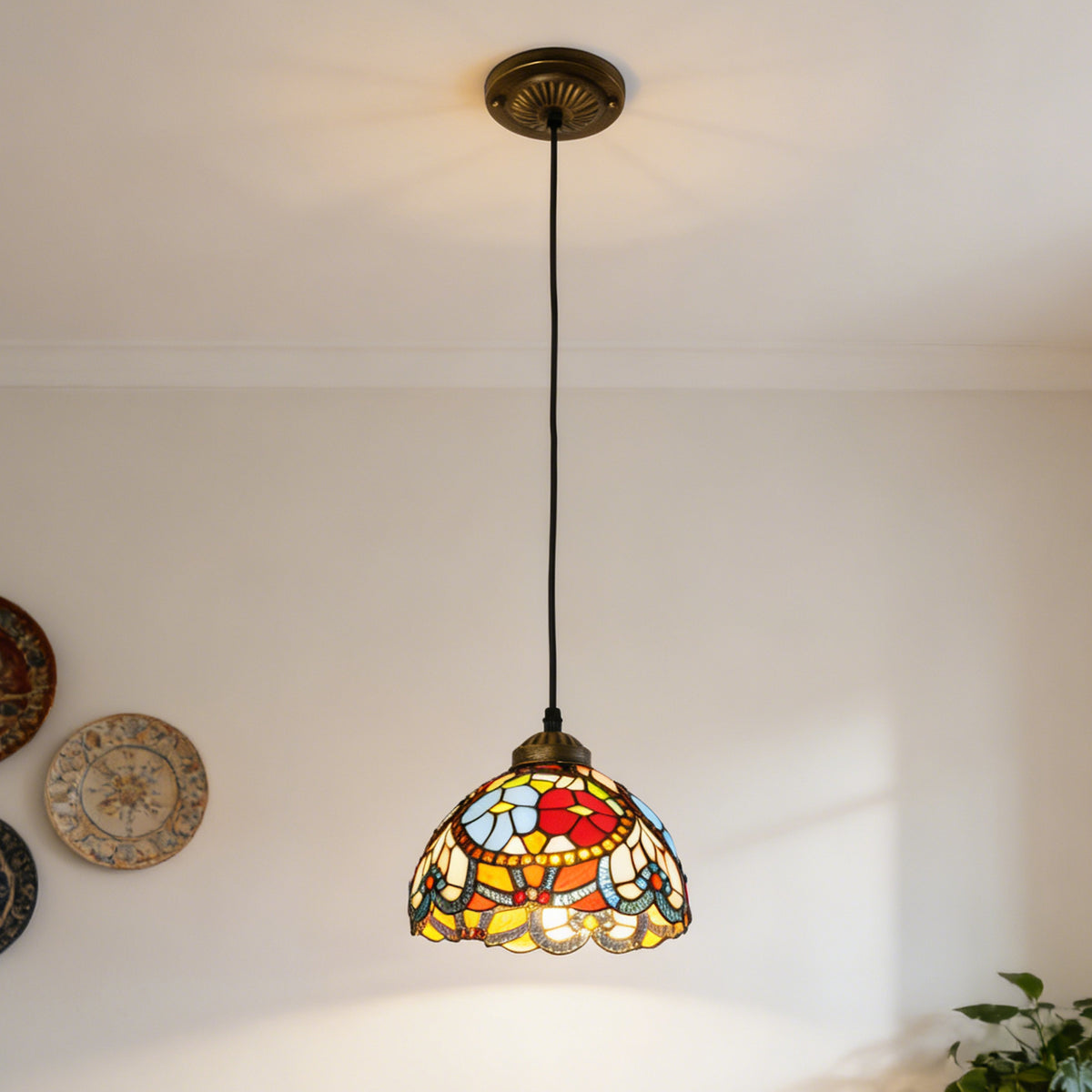 Vintage Stained Glass Floral Pendant Light - Tiffany Style Mini Ceiling Lamp