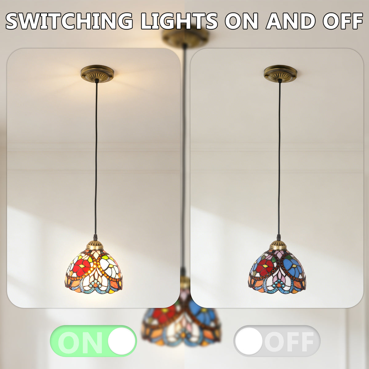 Vintage Stained Glass Floral Pendant Light - Tiffany Style Mini Ceiling Lamp