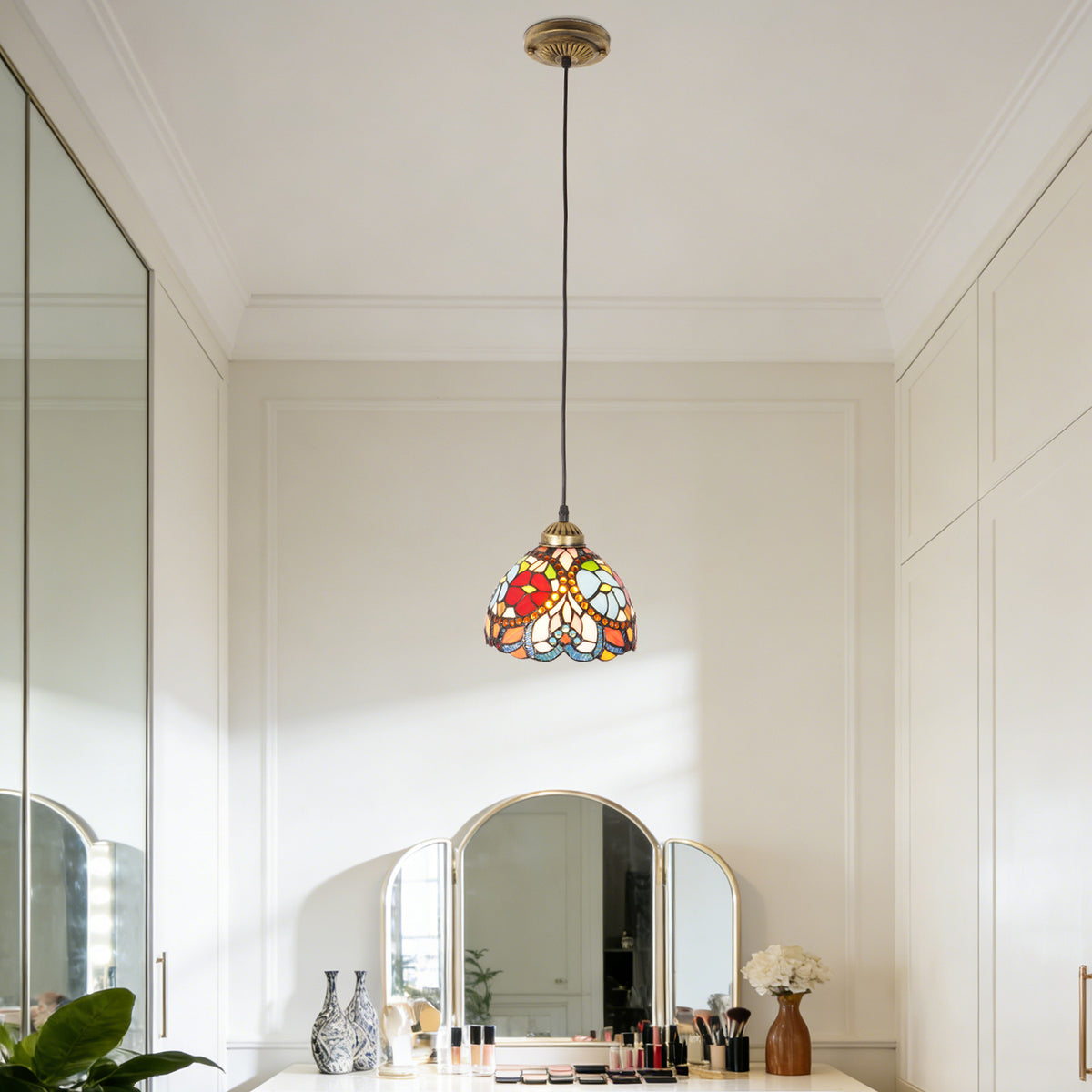 Vintage Stained Glass Floral Pendant Light - Tiffany Style Mini Ceiling Lamp