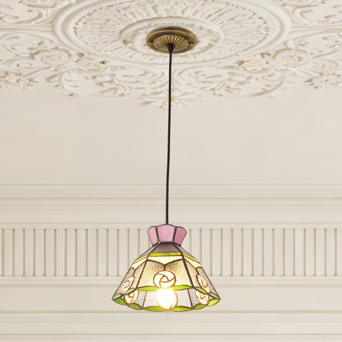 Vintage Stained Glass Pink Rose Pendant Light - Tiffany Style Mini Ceiling Lamp