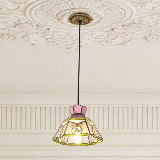 Vintage Stained Glass Pink Rose Pendant Light - Tiffany Style Mini Ceiling Lamp