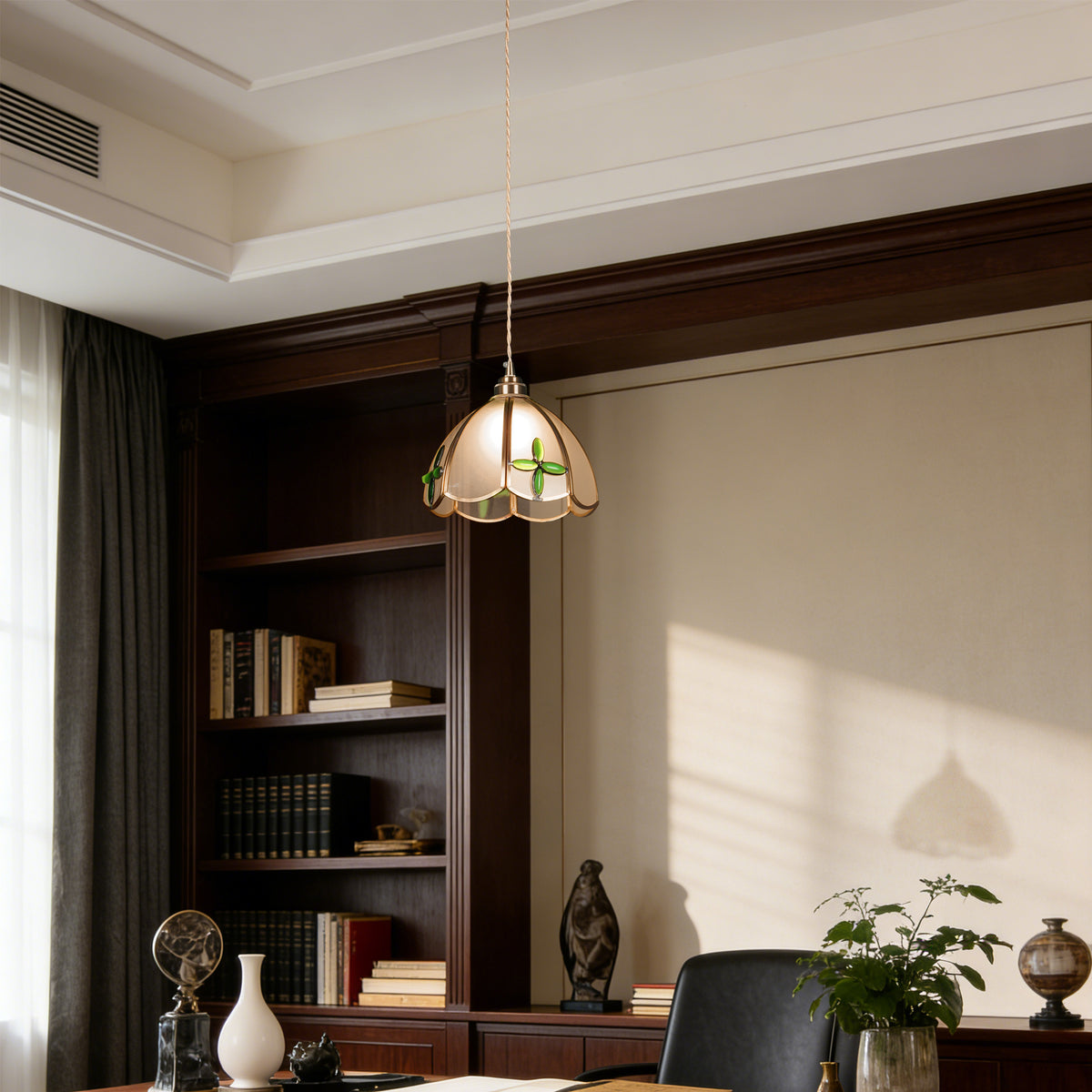 Vintage Tiffany Style Green Four-Leaf Clover Glass Pendant Light - Single Light Adjustable Copper Finish Hanging Lamp