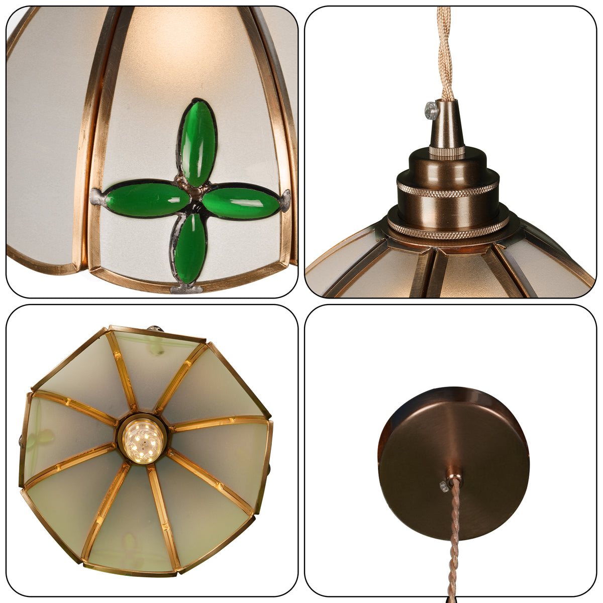 Vintage Tiffany Style Green Four-Leaf Clover Glass Pendant Light - Single Light Adjustable Copper Finish Hanging Lamp