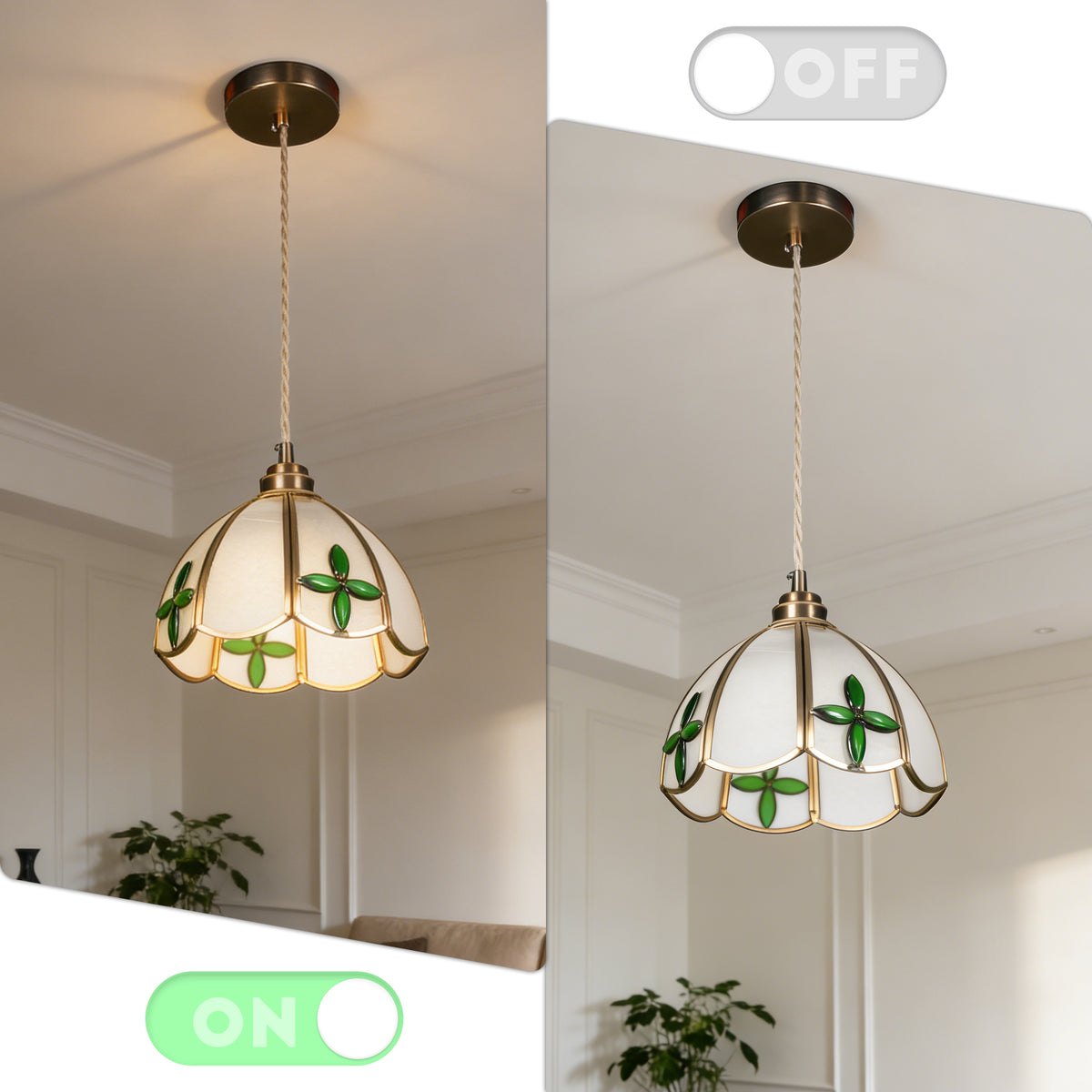 Vintage Tiffany Style Green Four-Leaf Clover Glass Pendant Light - Single Light Adjustable Copper Finish Hanging Lamp