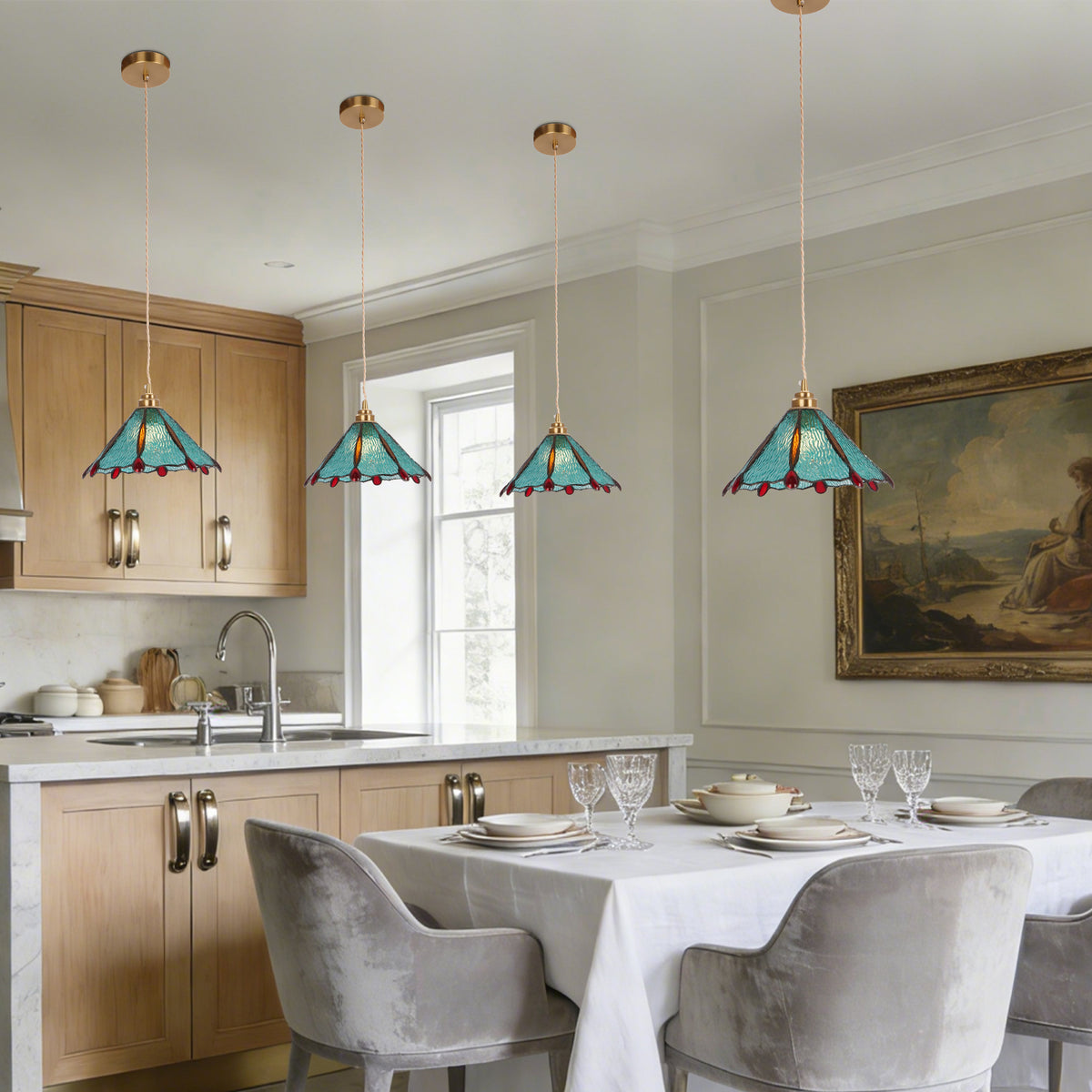 Stained Glass Pendant Light, Turquoise & Red Decorative Hanging Lamp with Adjustable Cord, Copper Finish Ceiling Fixture for Kitchen Island Dining Room Bedroom (E26 Base Compatible)