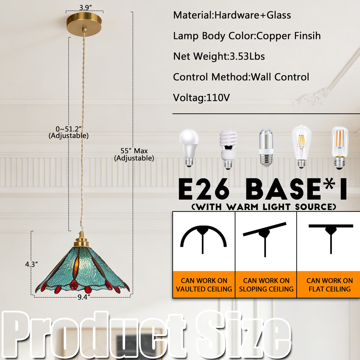 Stained Glass Pendant Light, Turquoise & Red Decorative Hanging Lamp with Adjustable Cord, Copper Finish Ceiling Fixture for Kitchen Island Dining Room Bedroom (E26 Base Compatible)