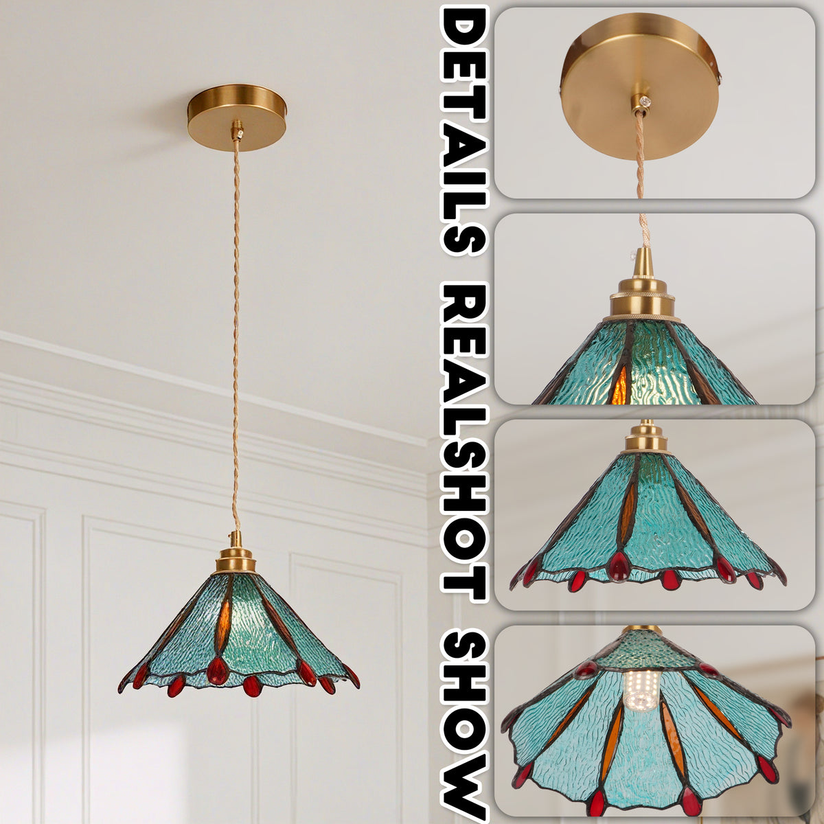 Stained Glass Pendant Light, Turquoise & Red Decorative Hanging Lamp with Adjustable Cord, Copper Finish Ceiling Fixture for Kitchen Island Dining Room Bedroom (E26 Base Compatible)