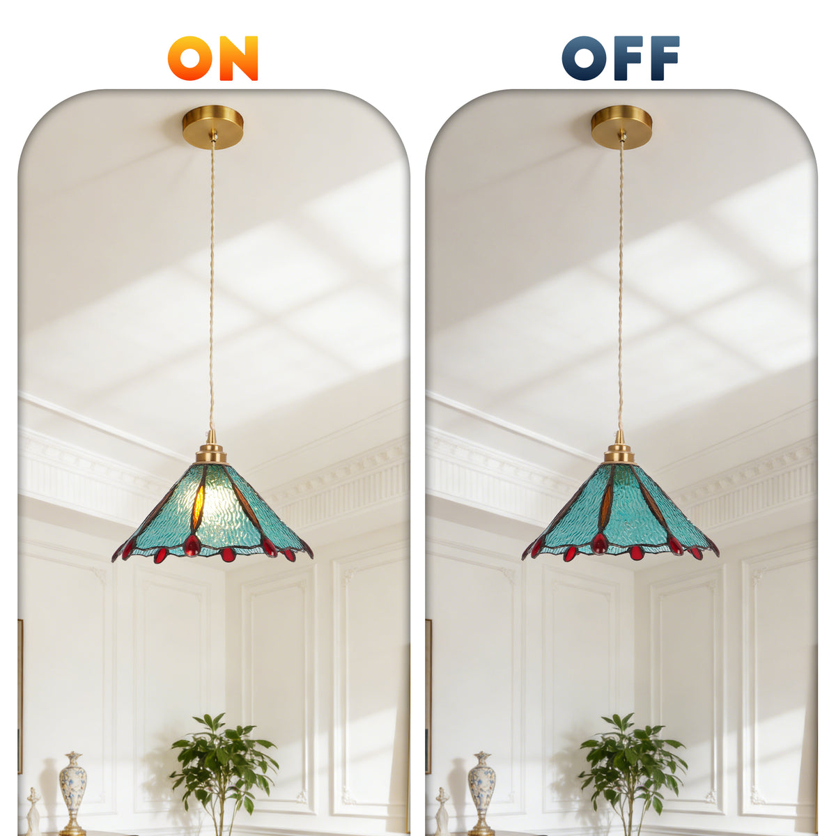 Stained Glass Pendant Light, Turquoise & Red Decorative Hanging Lamp with Adjustable Cord, Copper Finish Ceiling Fixture for Kitchen Island Dining Room Bedroom (E26 Base Compatible)