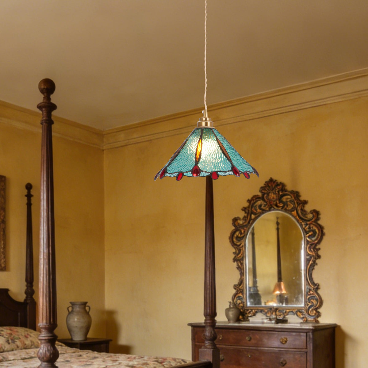 Stained Glass Pendant Light, Turquoise & Red Decorative Hanging Lamp with Adjustable Cord, Copper Finish Ceiling Fixture for Kitchen Island Dining Room Bedroom (E26 Base Compatible)