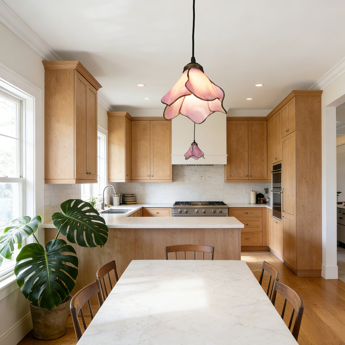 Vintage Pink Flower Tiffany Stained Glass Pendant Light - Floral Shade Adjustable Ceiling Lamp