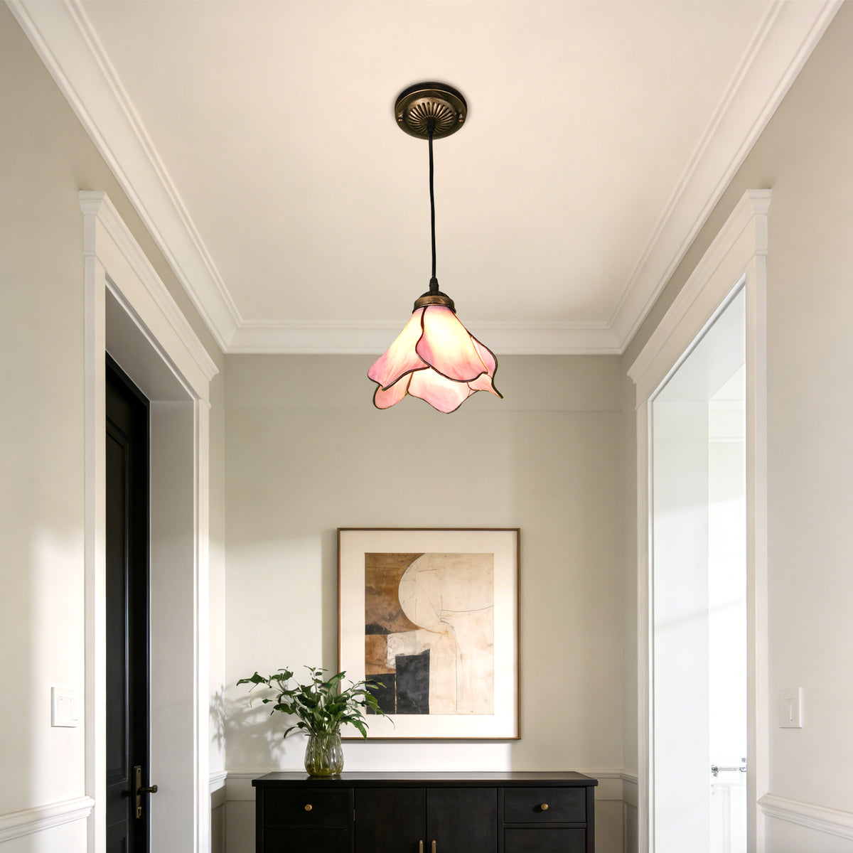 Vintage Pink Flower Tiffany Stained Glass Pendant Light - Floral Shade Adjustable Ceiling Lamp