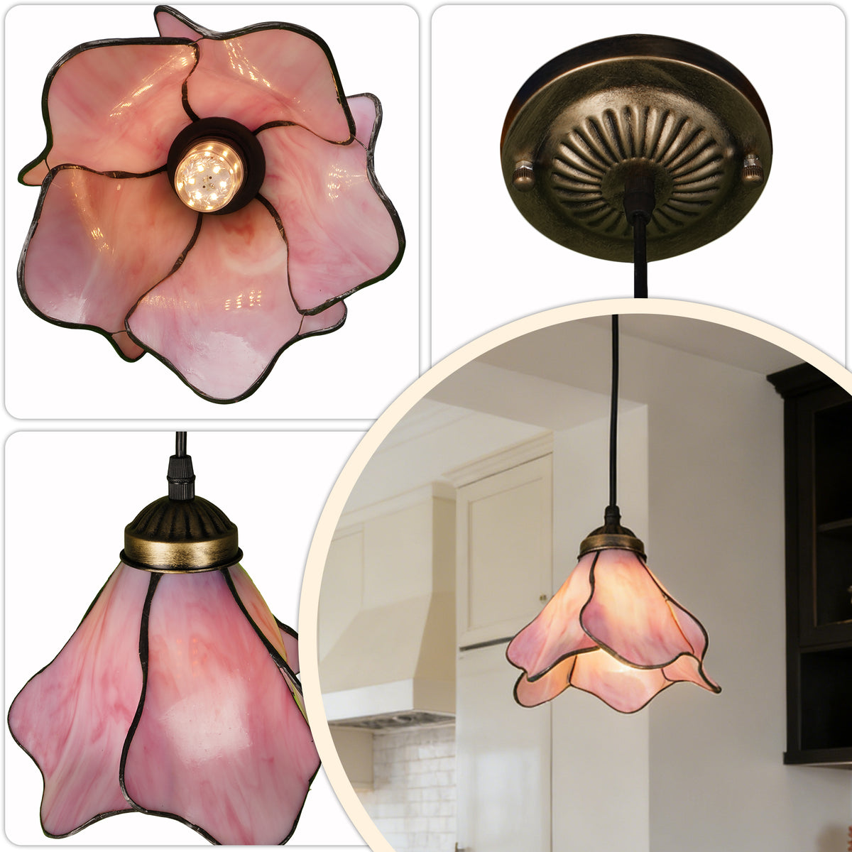 Vintage Pink Flower Tiffany Stained Glass Pendant Light - Floral Shade Adjustable Ceiling Lamp