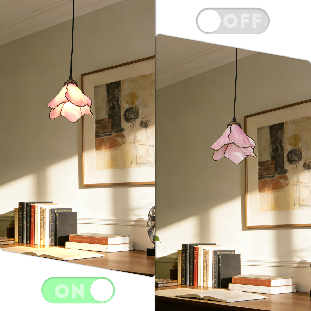 Vintage Pink Flower Tiffany Stained Glass Pendant Light - Floral Shade Adjustable Ceiling Lamp