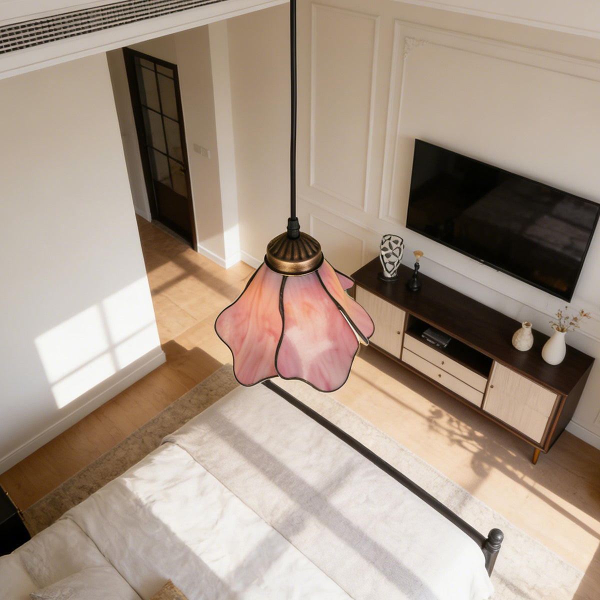 Vintage Pink Flower Tiffany Stained Glass Pendant Light - Floral Shade Adjustable Ceiling Lamp