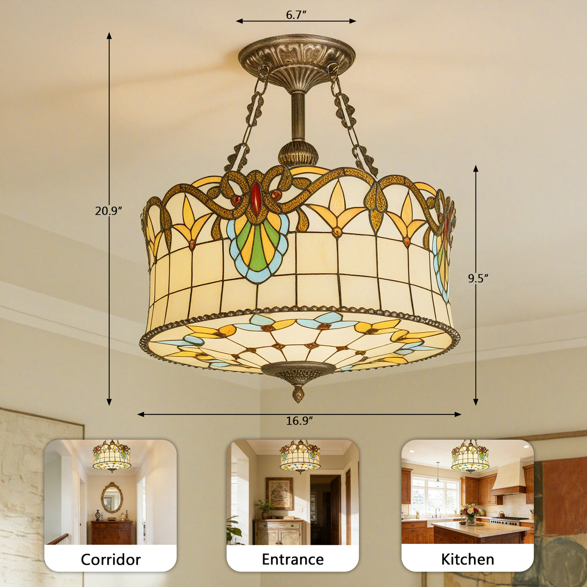 Floral Stained Glass Semi Flush Mount Ceiling Light - Antique Bronze 5-Light E26 Ceiling Lamp