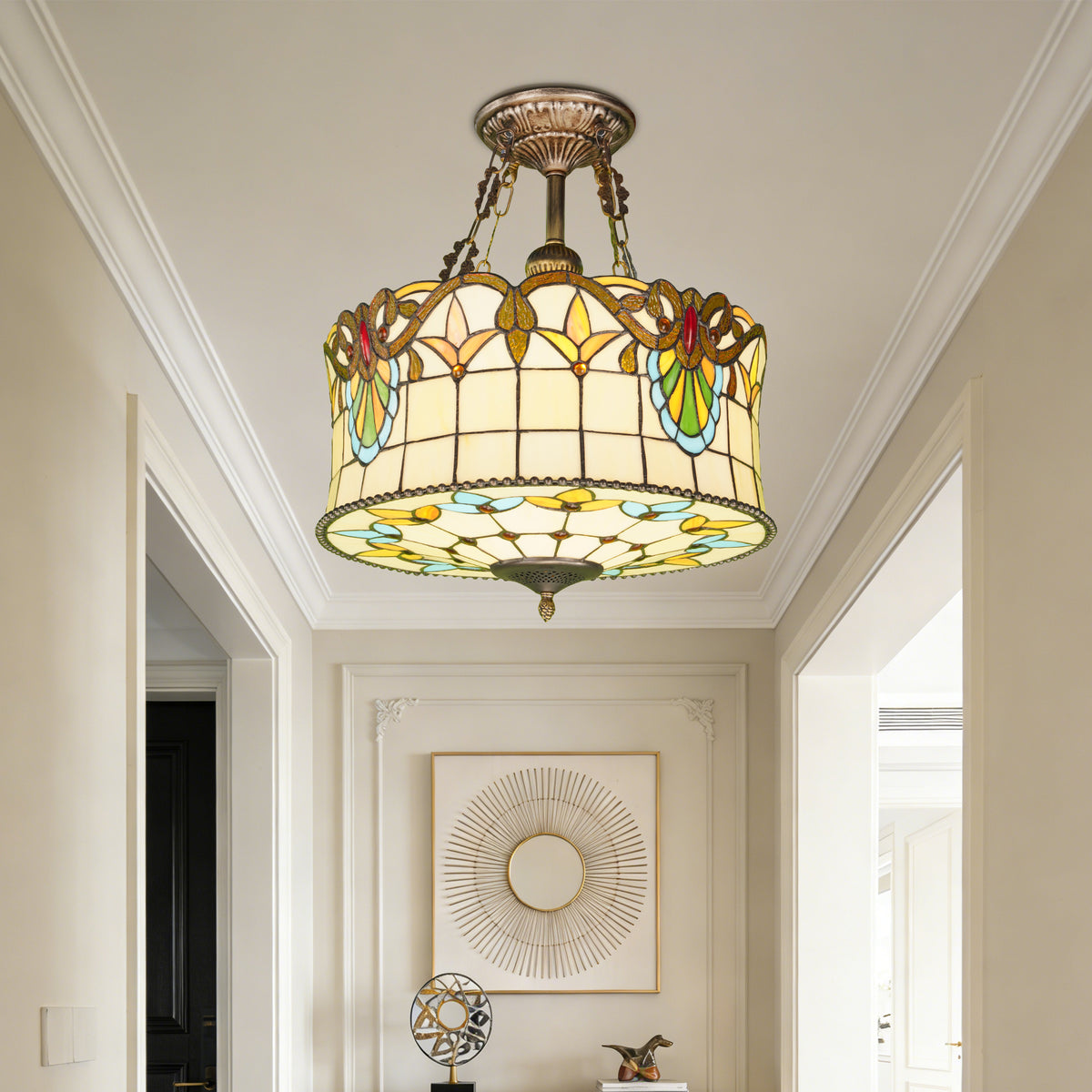 Floral Stained Glass Semi Flush Mount Ceiling Light - Antique Bronze 5-Light E26 Ceiling Lamp