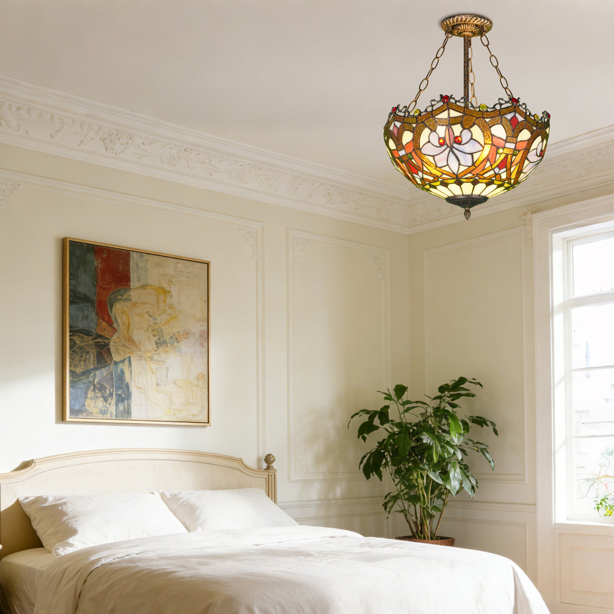 Floral Stained Glass Semi Flush Mount Ceiling Light - Antique Bronze 3-Light E26 Pendant Lamp Incl Warm Light Source