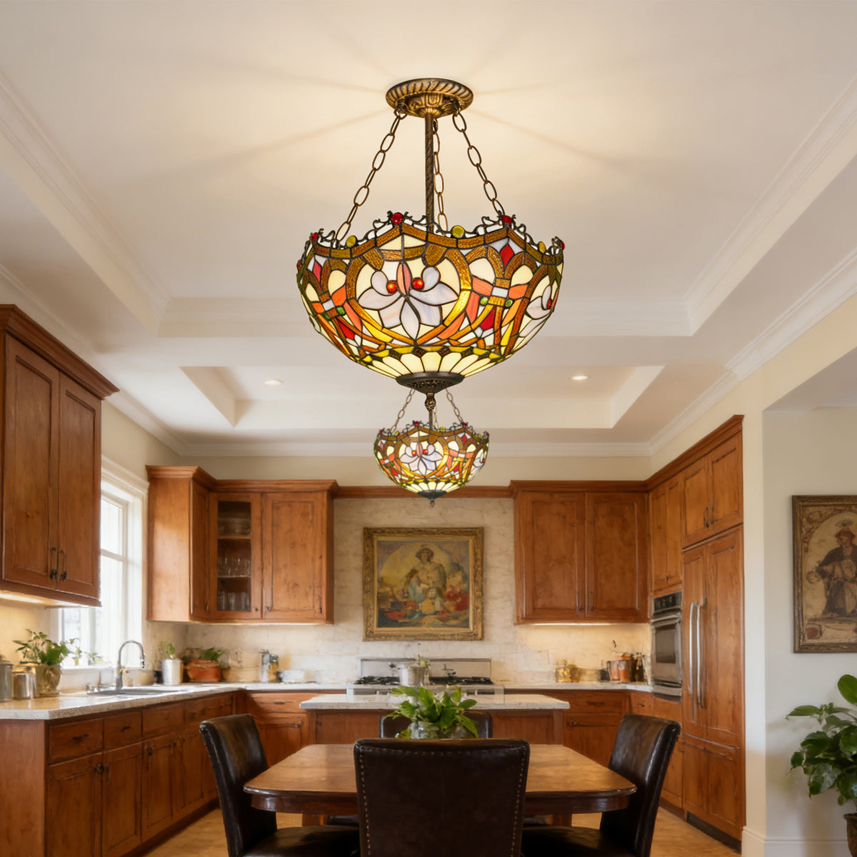 Floral Stained Glass Semi Flush Mount Ceiling Light - Antique Bronze 3-Light E26 Pendant Lamp Incl Warm Light Source