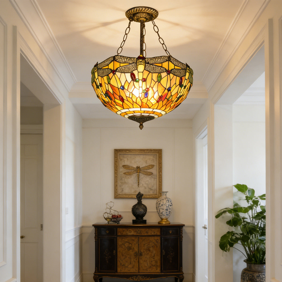 Dragonfly Stained Glass Semi Flush Mount Ceiling Light - Antique Bronze 3-Light E26 Pendant Lamp
