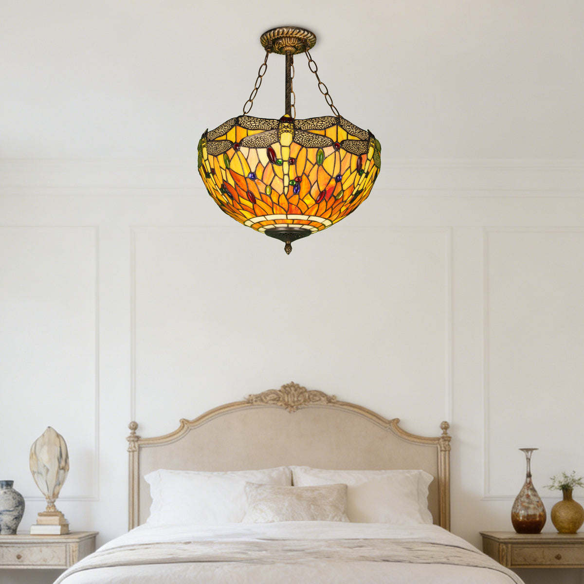 Dragonfly Stained Glass Semi Flush Mount Ceiling Light - Antique Bronze 3-Light E26 Pendant Lamp