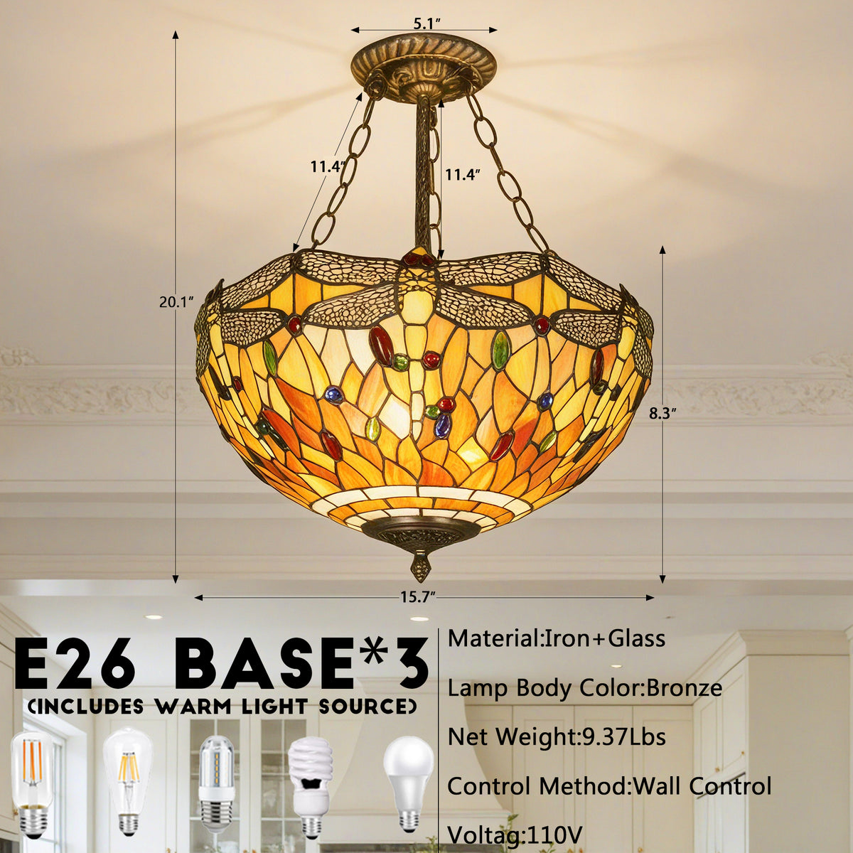 Dragonfly Stained Glass Semi Flush Mount Ceiling Light - Antique Bronze 3-Light E26 Pendant Lamp
