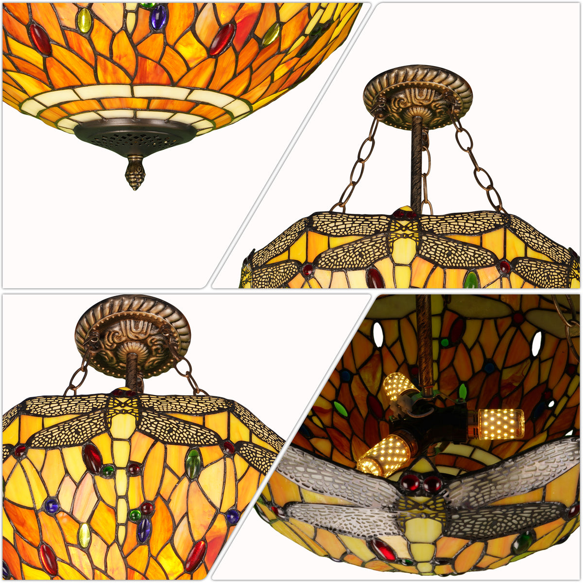 Dragonfly Stained Glass Semi Flush Mount Ceiling Light - Antique Bronze 3-Light E26 Pendant Lamp