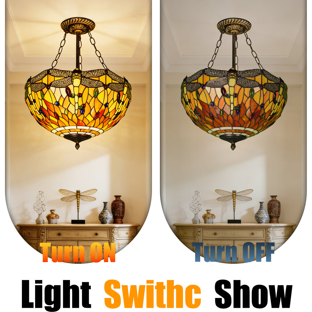 Dragonfly Stained Glass Semi Flush Mount Ceiling Light - Antique Bronze 3-Light E26 Pendant Lamp