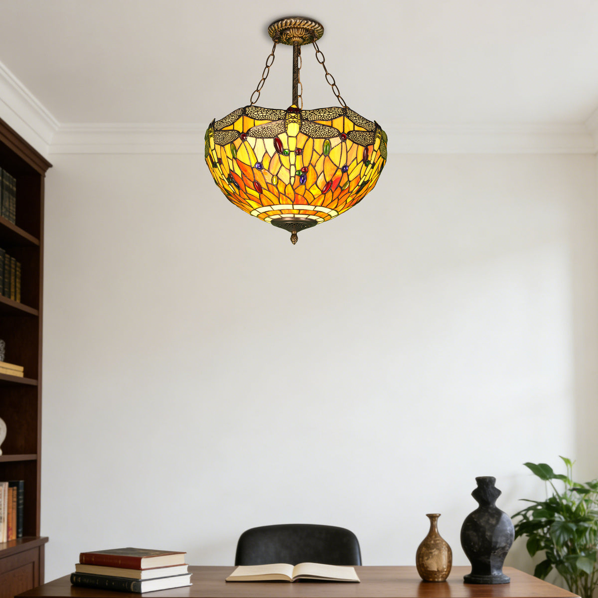Dragonfly Stained Glass Semi Flush Mount Ceiling Light - Antique Bronze 3-Light E26 Pendant Lamp