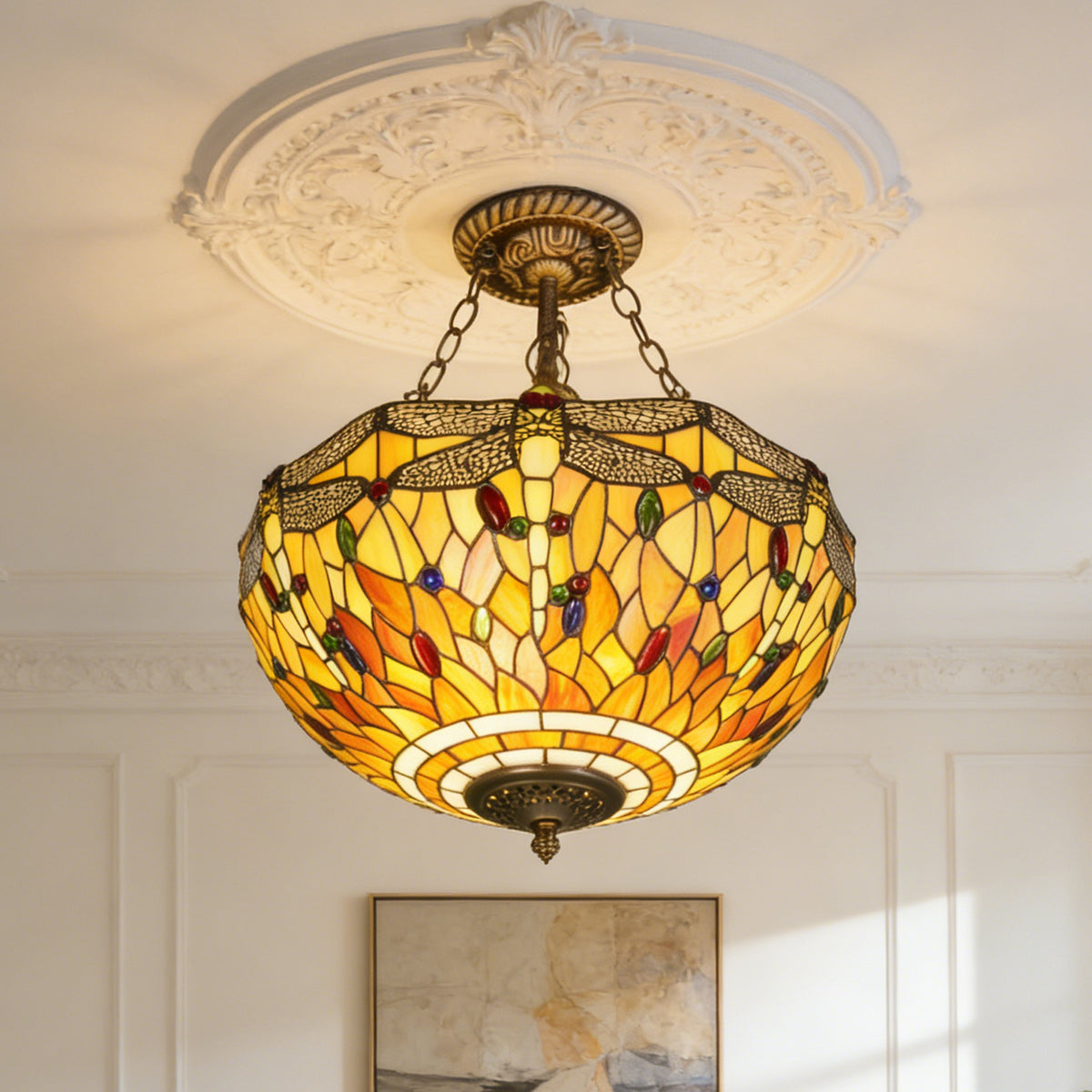 Dragonfly Stained Glass Semi Flush Mount Ceiling Light - Antique Bronze 3-Light E26 Pendant Lamp