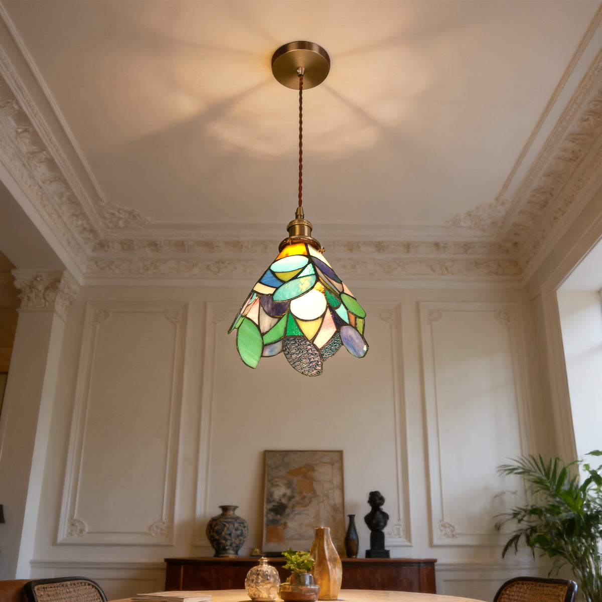 Leaf Stained Glass Mini Pendant Light - Antique Bronze Adjustable 1-Light E26 Pendant Lamp Bulb Not Included