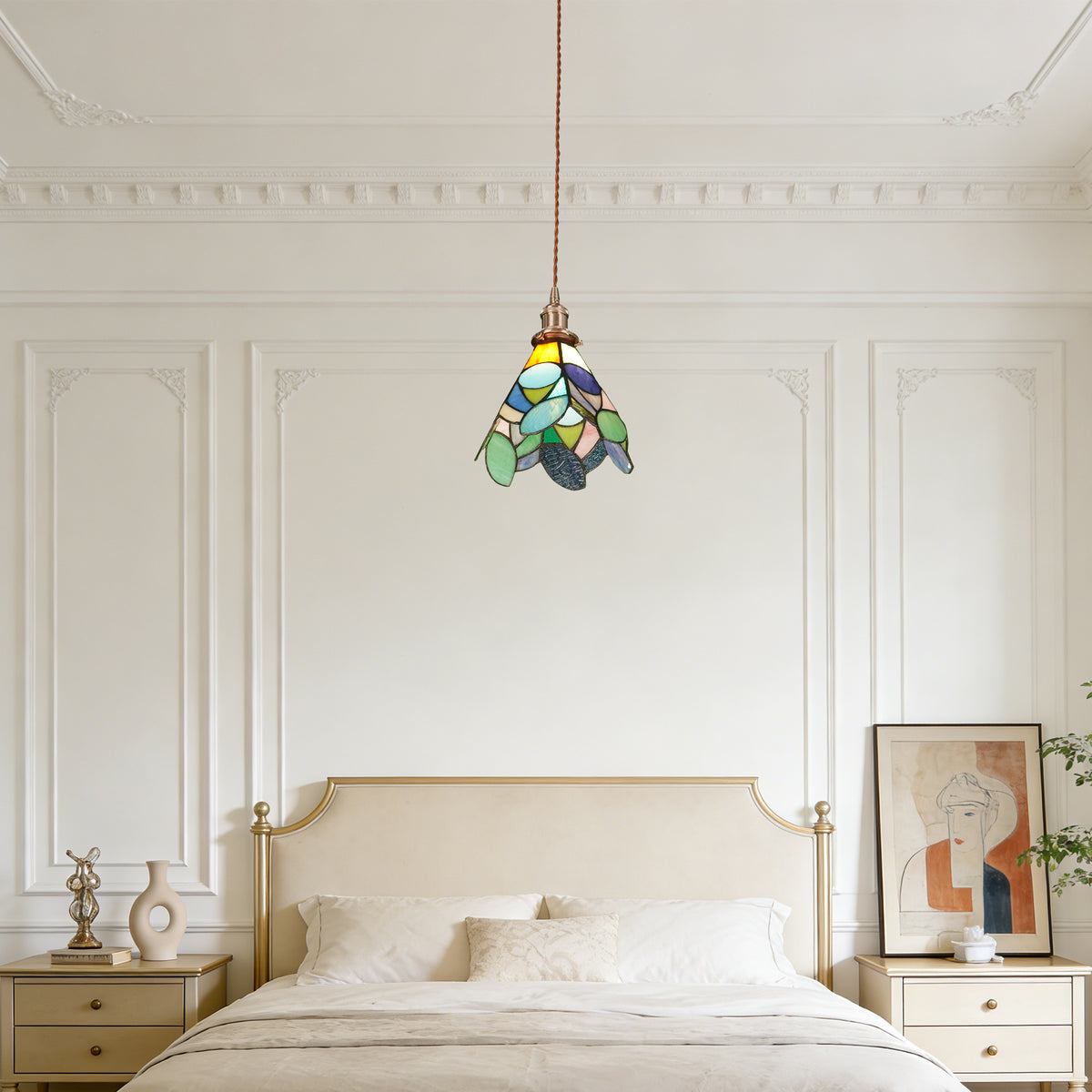Leaf Stained Glass Mini Pendant Light - Antique Bronze Adjustable 1-Light E26 Pendant Lamp Bulb Not Included