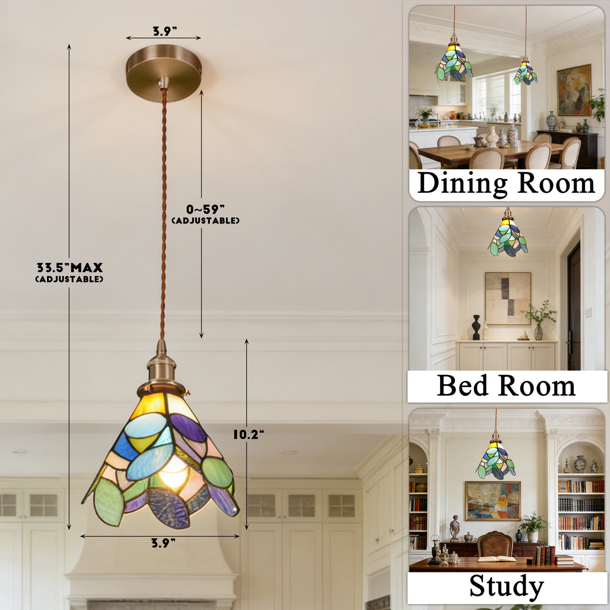 Leaf Stained Glass Mini Pendant Light - Antique Bronze Adjustable 1-Light E26 Pendant Lamp Bulb Not Included