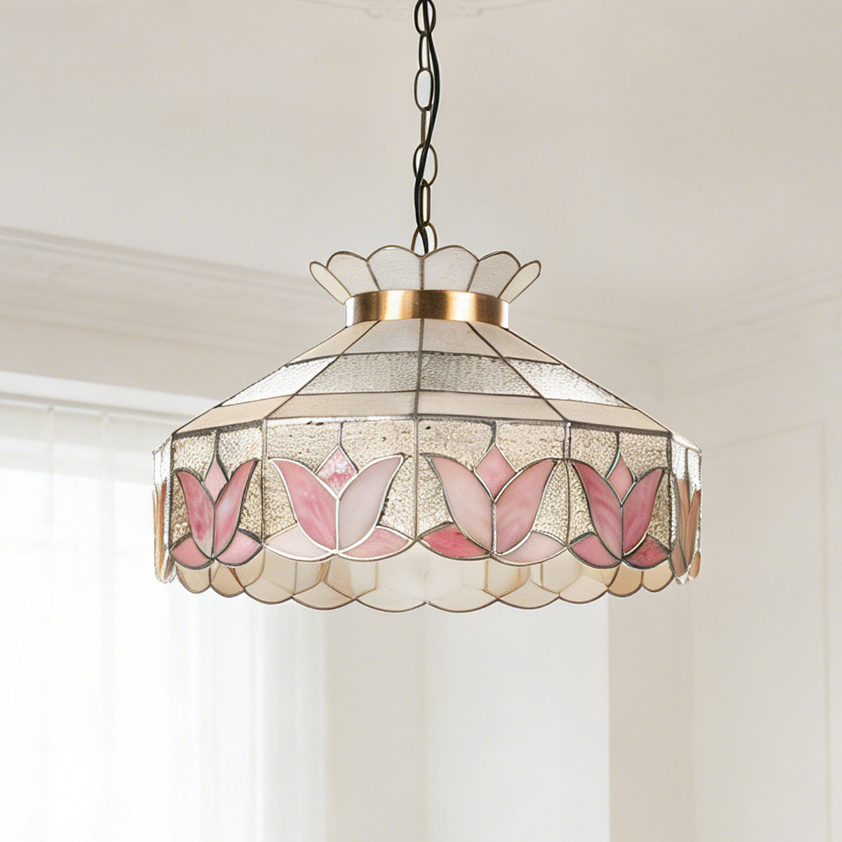 Pink Lotus Stained Glass Pendant Light - Antique Bronze Adjustable 1-Light E26 Lamp Incl Warm Light Source