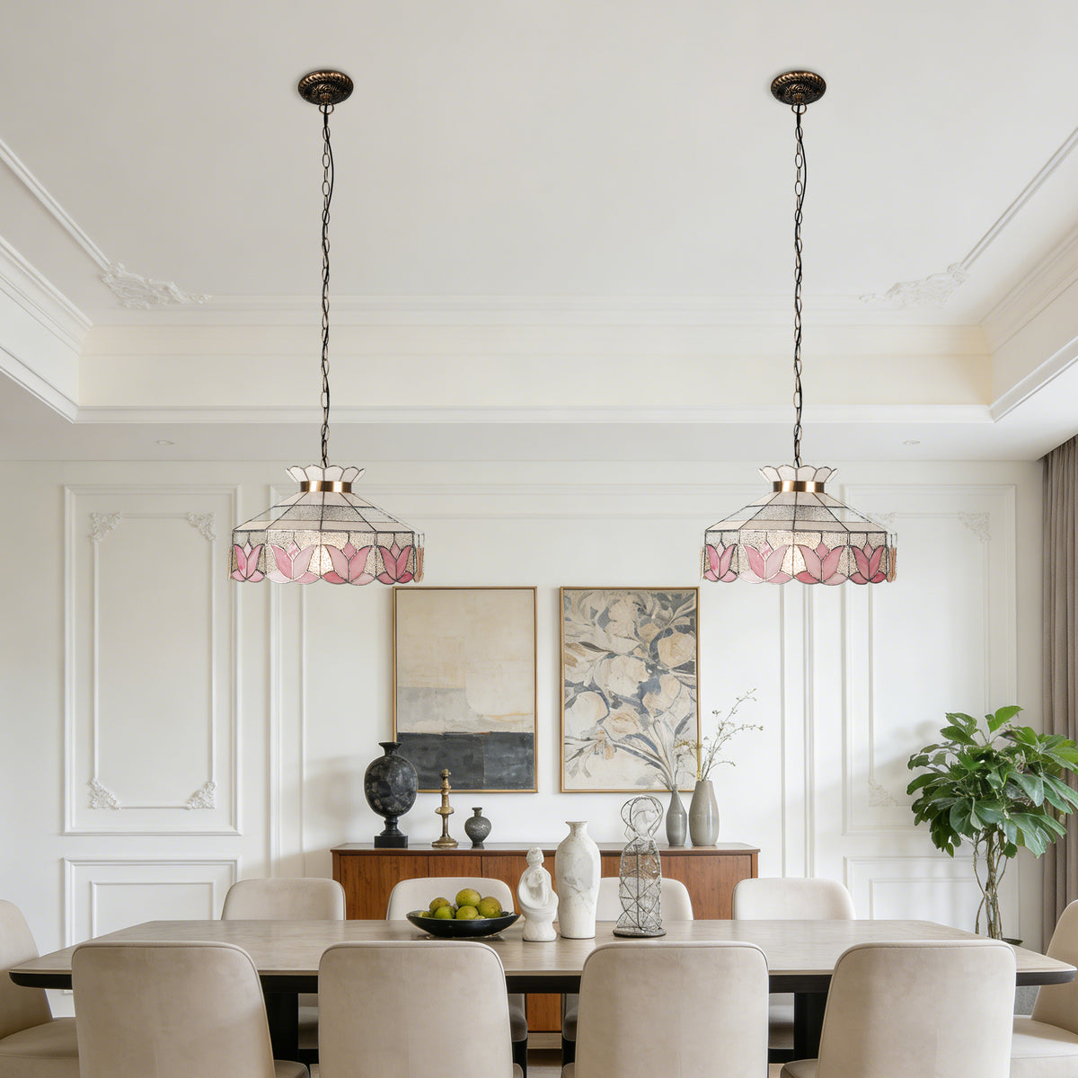 Pink Lotus Stained Glass Pendant Light - Antique Bronze Adjustable 1-Light E26 Lamp Incl Warm Light Source