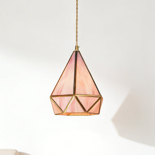 Pink geometric stained glass mini pendant light with copper hardware