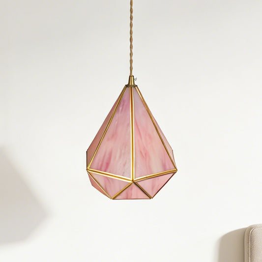 Pink Geometric Stained Glass Mini Pendant Light, 1-Light Copper Fixture, Adjustable 74" Cord, E14 3-Color Bulb Included