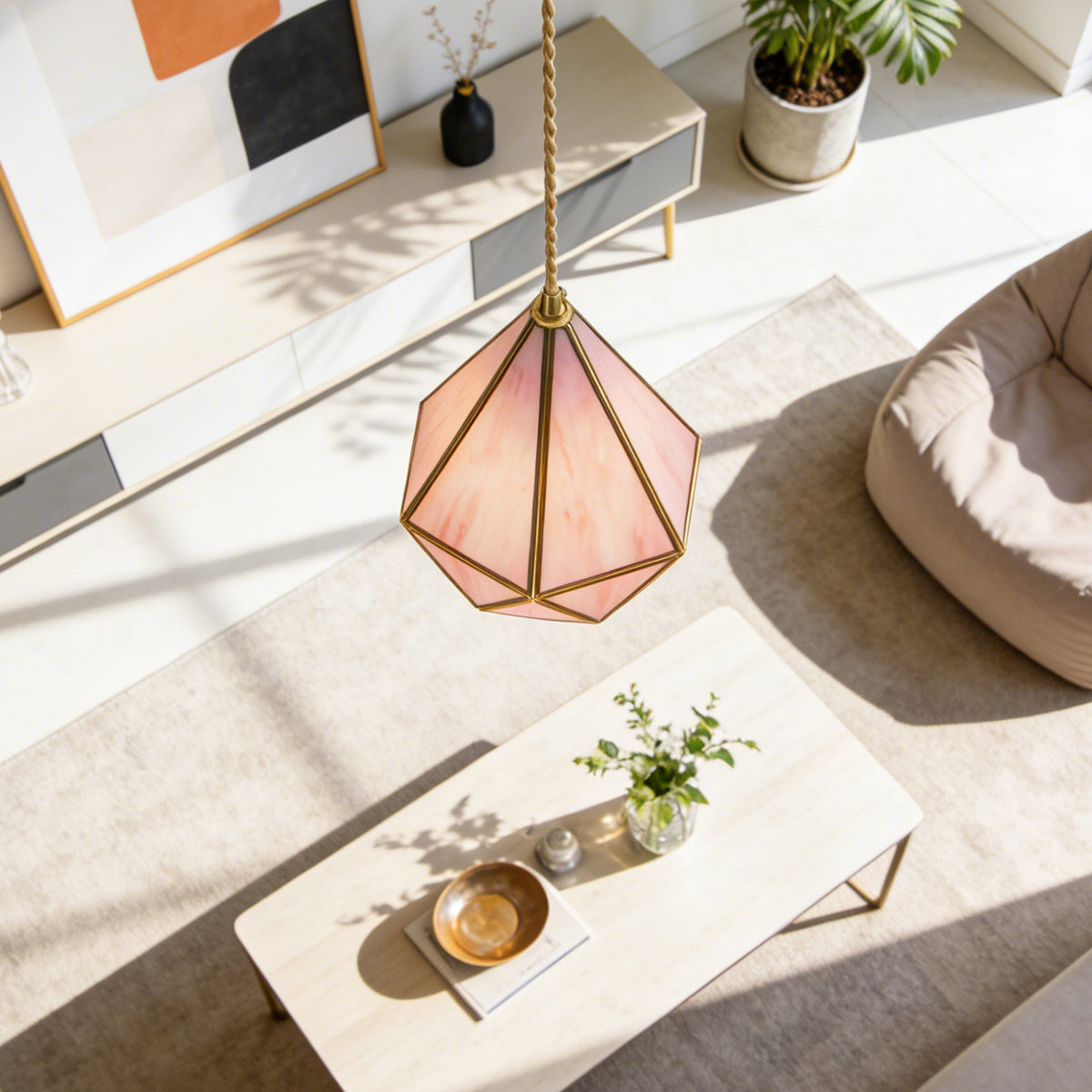 Pink Geometric Stained Glass Mini Pendant Light, 1-Light Copper Fixture, Adjustable 74" Cord, E14 3-Color Bulb Included