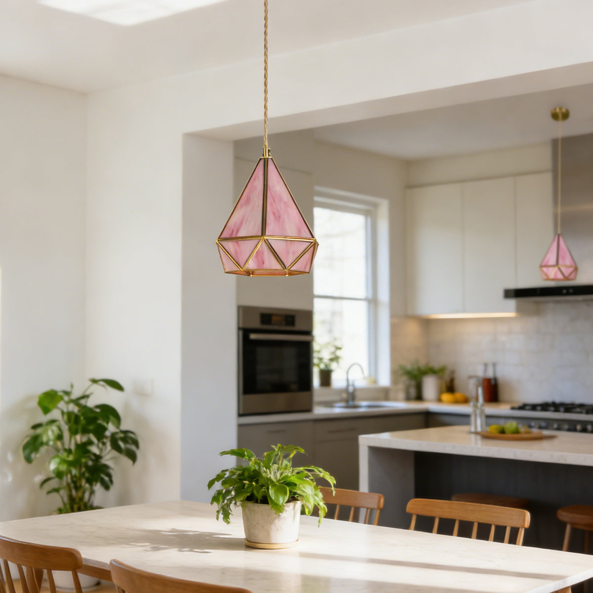 Pink Geometric Stained Glass Mini Pendant Light, 1-Light Copper Fixture, Adjustable 74" Cord, E14 3-Color Bulb Included