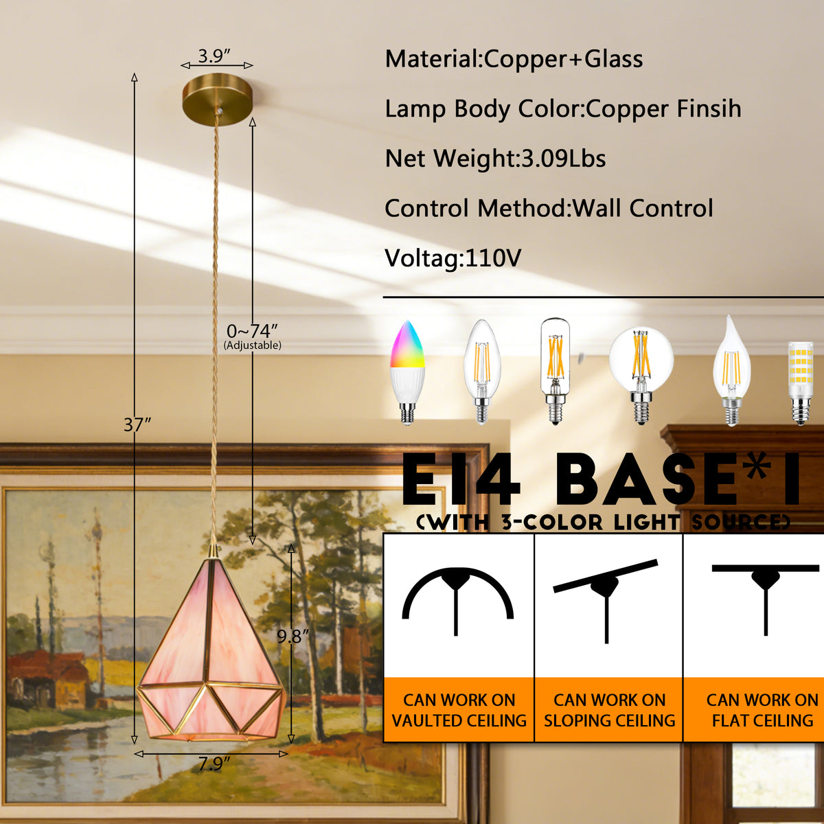 Pink Geometric Stained Glass Mini Pendant Light, 1-Light Copper Fixture, Adjustable 74" Cord, E14 3-Color Bulb Included