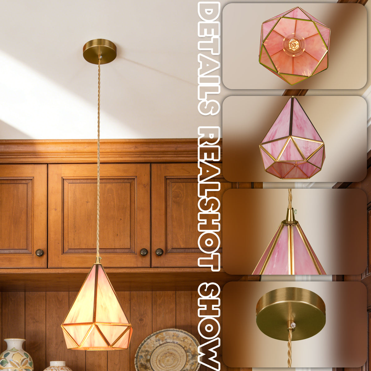 Pink Geometric Stained Glass Mini Pendant Light, 1-Light Copper Fixture, Adjustable 74" Cord, E14 3-Color Bulb Included