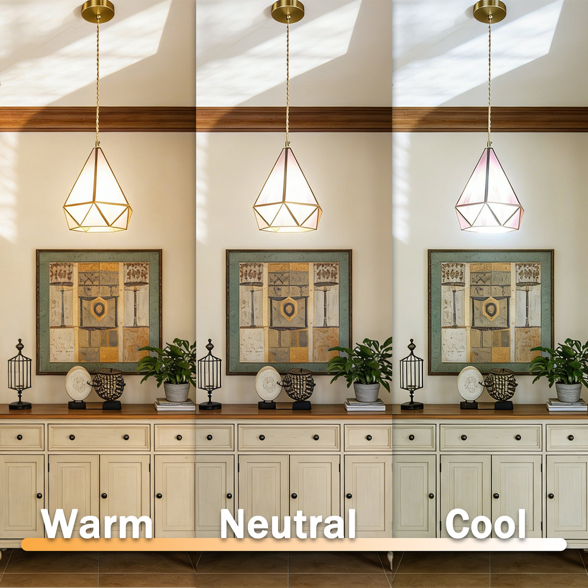 Pink Geometric Stained Glass Mini Pendant Light, 1-Light Copper Fixture, Adjustable 74" Cord, E14 3-Color Bulb Included
