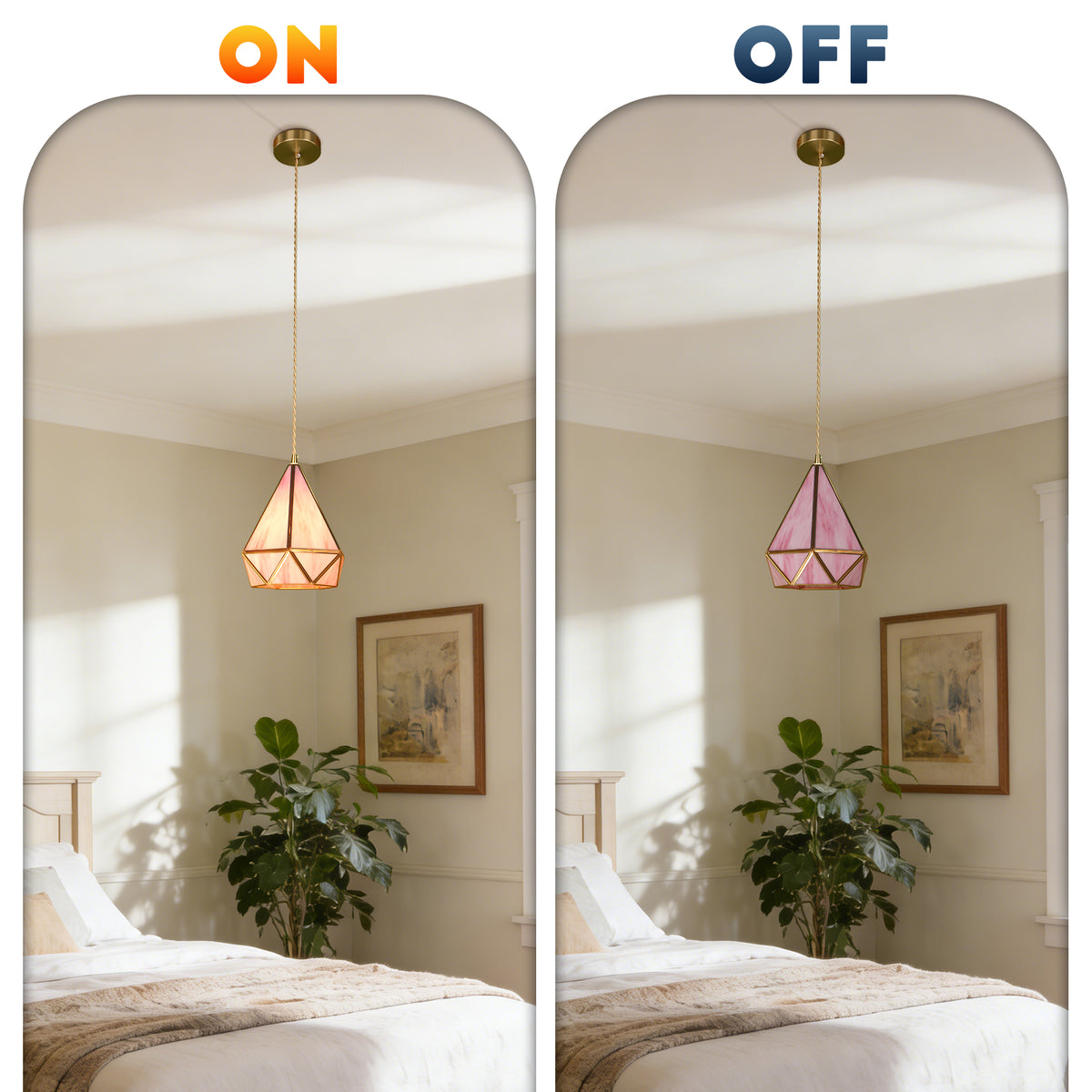Pink Geometric Stained Glass Mini Pendant Light, 1-Light Copper Fixture, Adjustable 74" Cord, E14 3-Color Bulb Included
