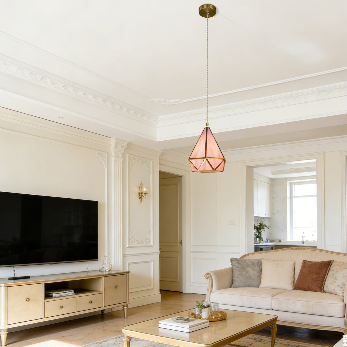 Pink Geometric Stained Glass Mini Pendant Light, 1-Light Copper Fixture, Adjustable 74" Cord, E14 3-Color Bulb Included