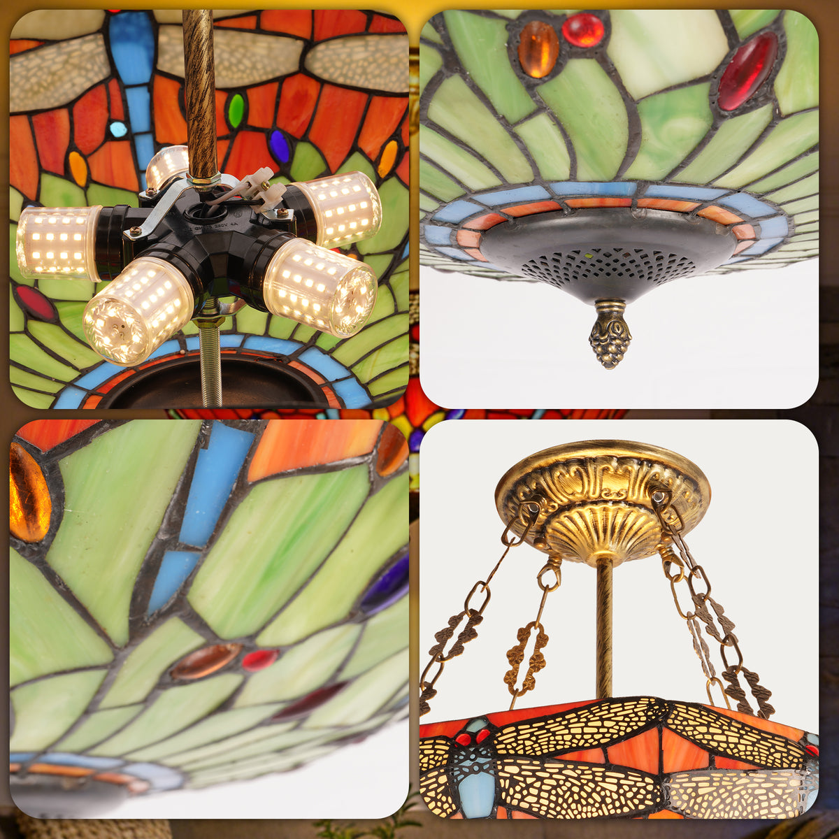 Dragonfly Stained Glass Pendant Light - Antique Bronze 5-Light Semi-Flush Mount Chandelie