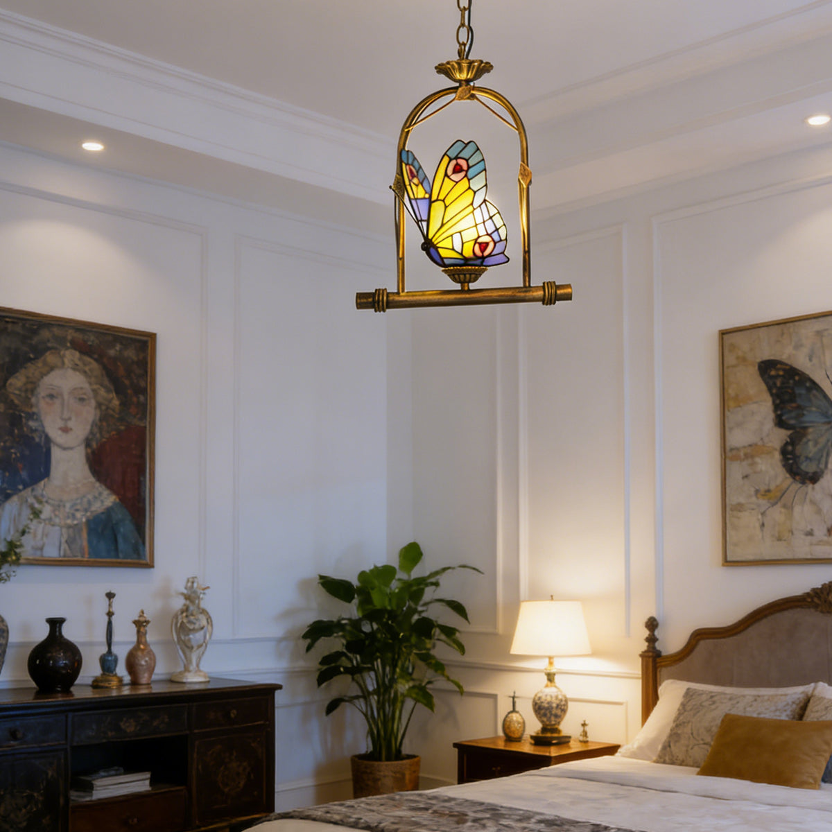 Butterfly Stained Glass Pendant Light - Antique Bronze E26 Pendant Lamp