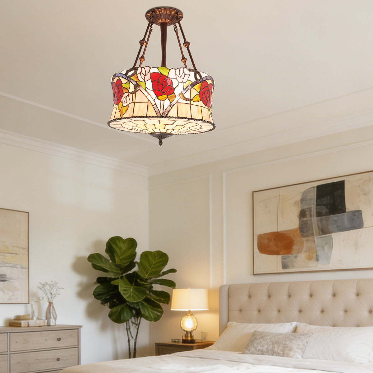 Stained Glass Semi Flush Mount Ceiling Light - Rose Pattern Vintage Ceiling Light Fixture, 5-Light E26 Stained Glass Pendant Light Alternative