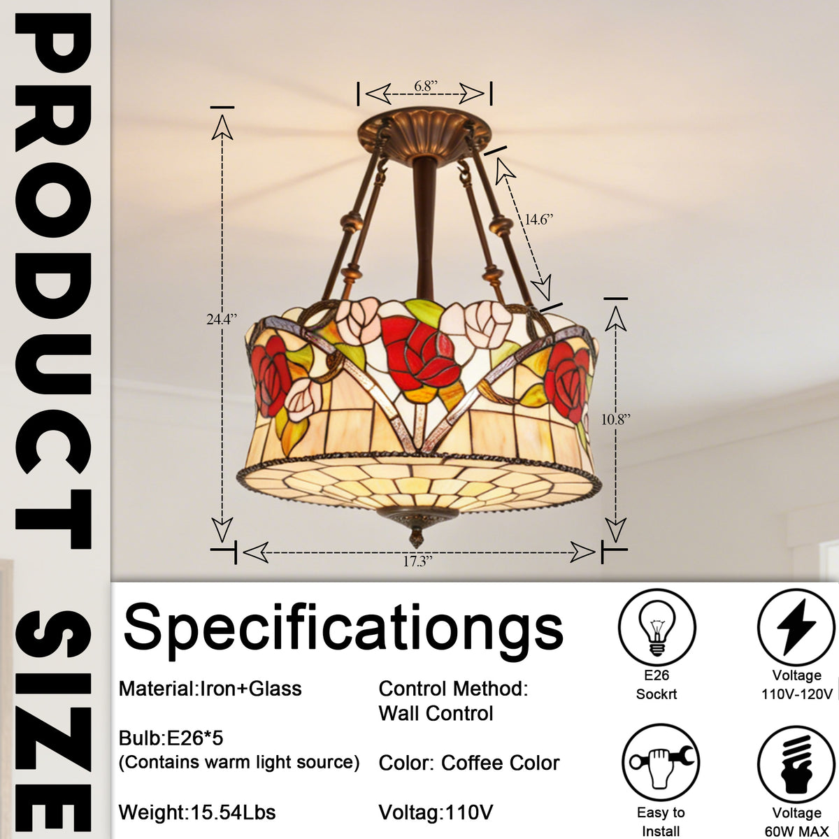 Stained Glass Semi Flush Mount Ceiling Light - Rose Pattern Vintage Ceiling Light Fixture, 5-Light E26 Stained Glass Pendant Light Alternative