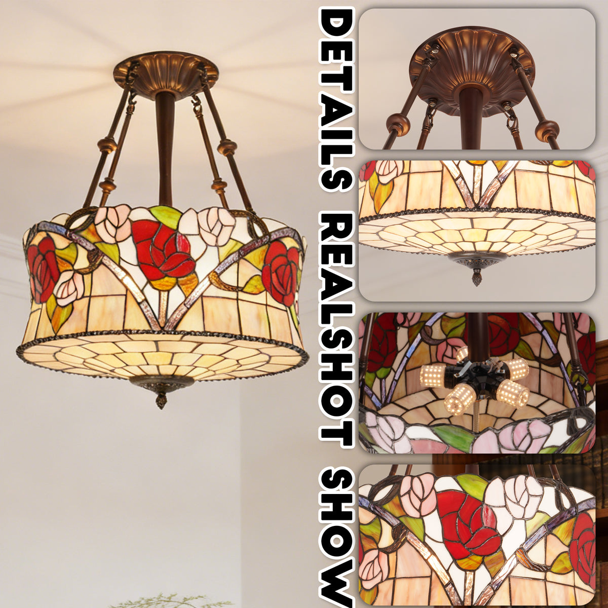 Stained Glass Semi Flush Mount Ceiling Light - Rose Pattern Vintage Ceiling Light Fixture, 5-Light E26 Stained Glass Pendant Light Alternative