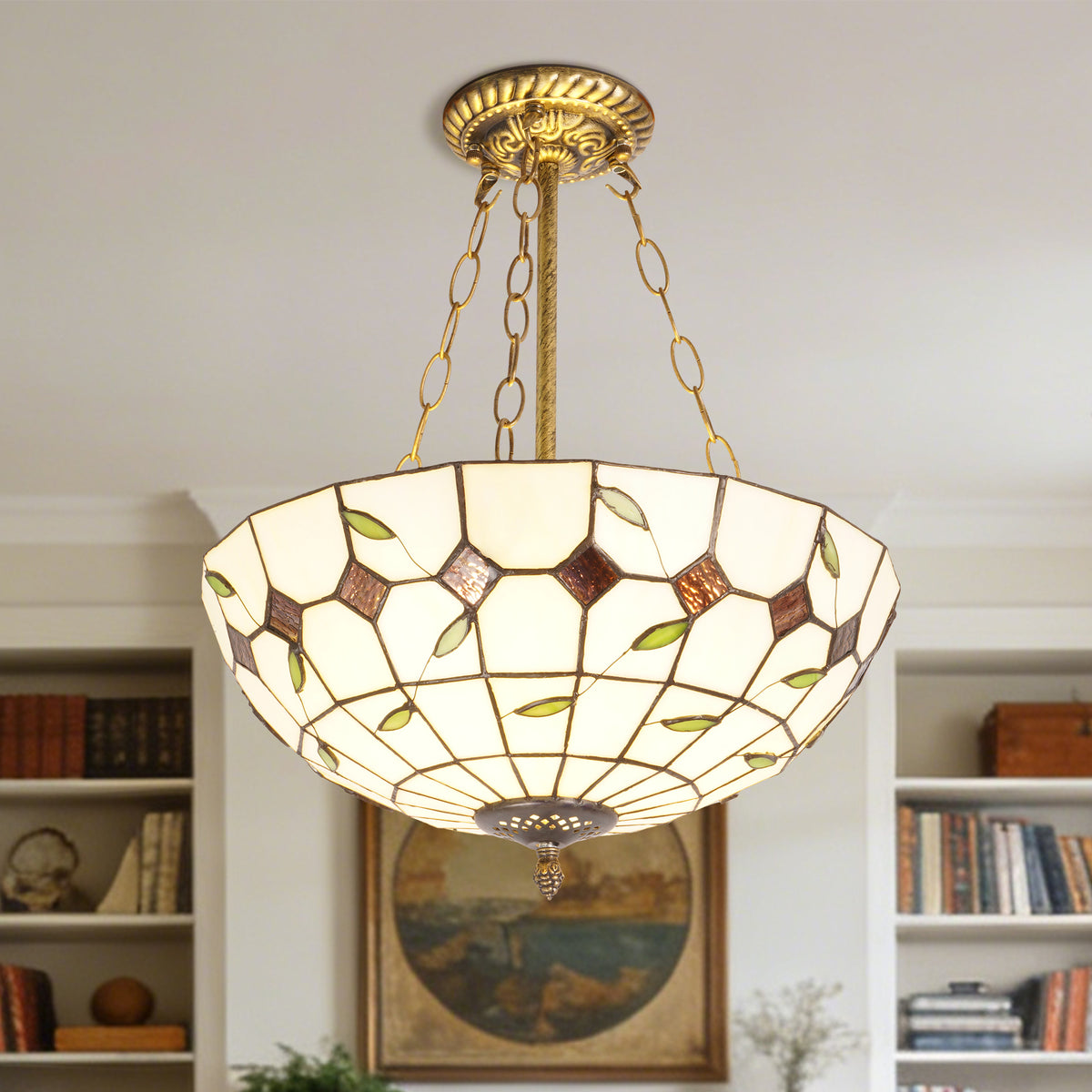 Vintage Stained Glass Semi Flush Mount Ceiling Light | Handcrafted Leaf Pattern Ceiling Lamp